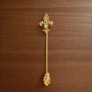 Gold Fleur-de-Lis Brooch With Turquoise And Pearl Accent